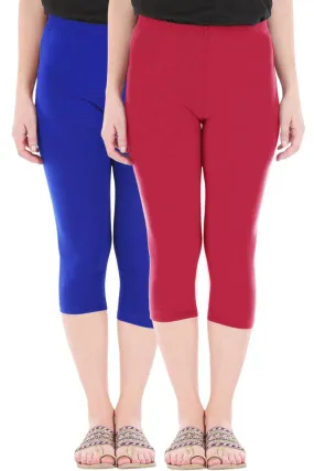 Combo Pack Of 2 Skinny Fit 3/4 Capris Leggings For Women Royal Blue Tomato Red