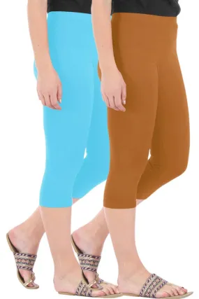 Combo Pack of 2 Skinny Fit 3/4 Capris Leggings for Women Sky Blue Khaki