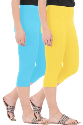 Combo Pack of 2 Skinny Fit 3/4 Capris Leggings for Women Sky Blue Lemon Yellow