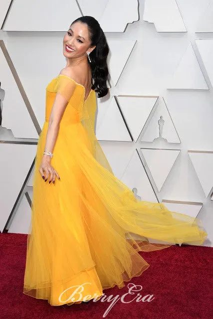 Constance Wu Off Shoulder Yellow Tulle Prom Dresses, Long Prom Dresses, Celebrity Dresses