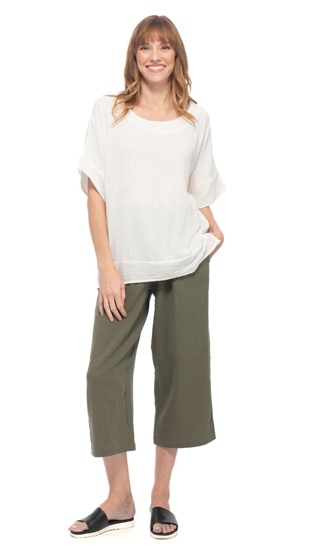 Cotton Gauze Easy Capris - khaki, agave