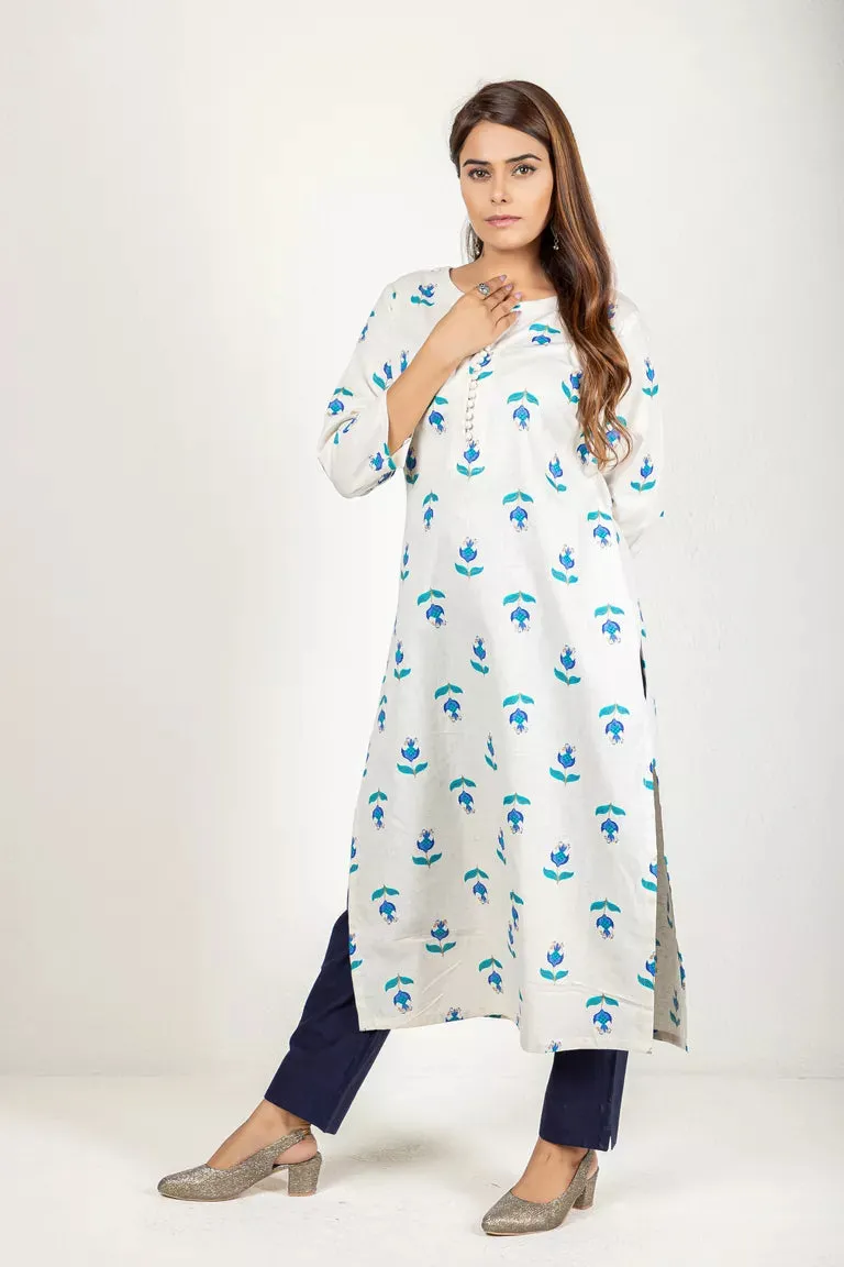 Cream With Turquoise Blue Cotton Flax Kurta