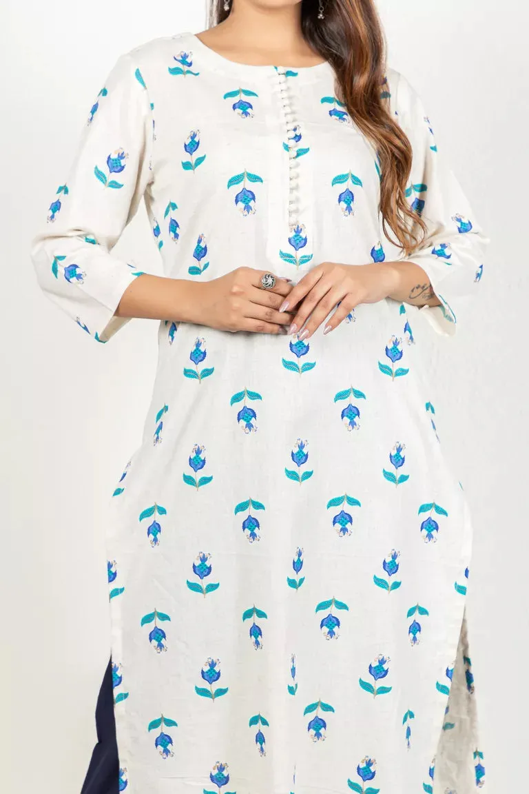 Cream With Turquoise Blue Cotton Flax Kurta