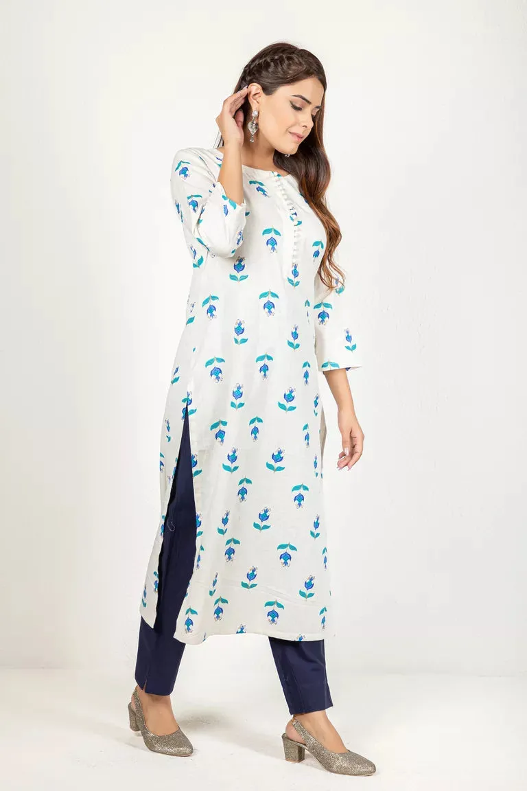 Cream With Turquoise Blue Cotton Flax Kurta