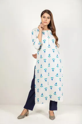 Cream With Turquoise Blue Cotton Flax Kurta