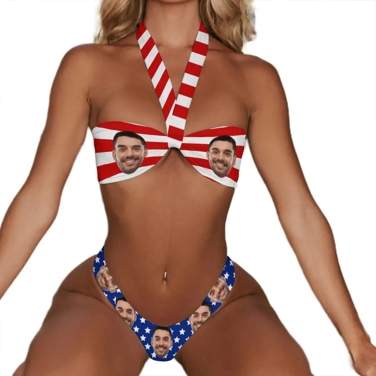 Custom Face USA Flag Style Sexy 2-piece Tube Top Halter Bikini Set