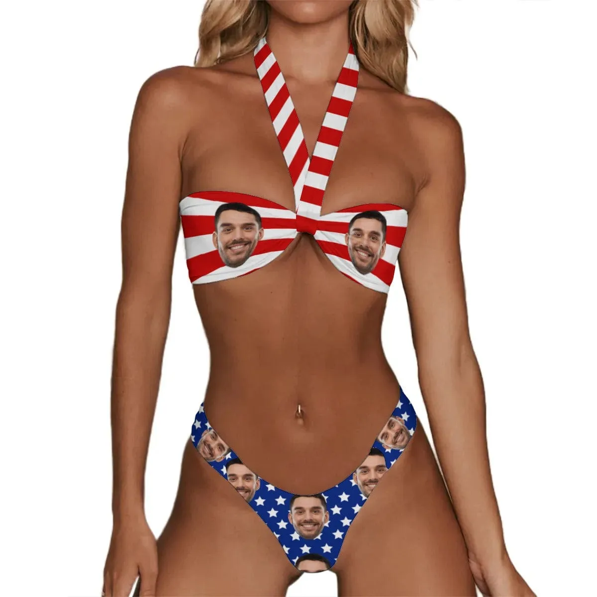 Custom Face USA Flag Style Sexy 2-piece Tube Top Halter Bikini Set