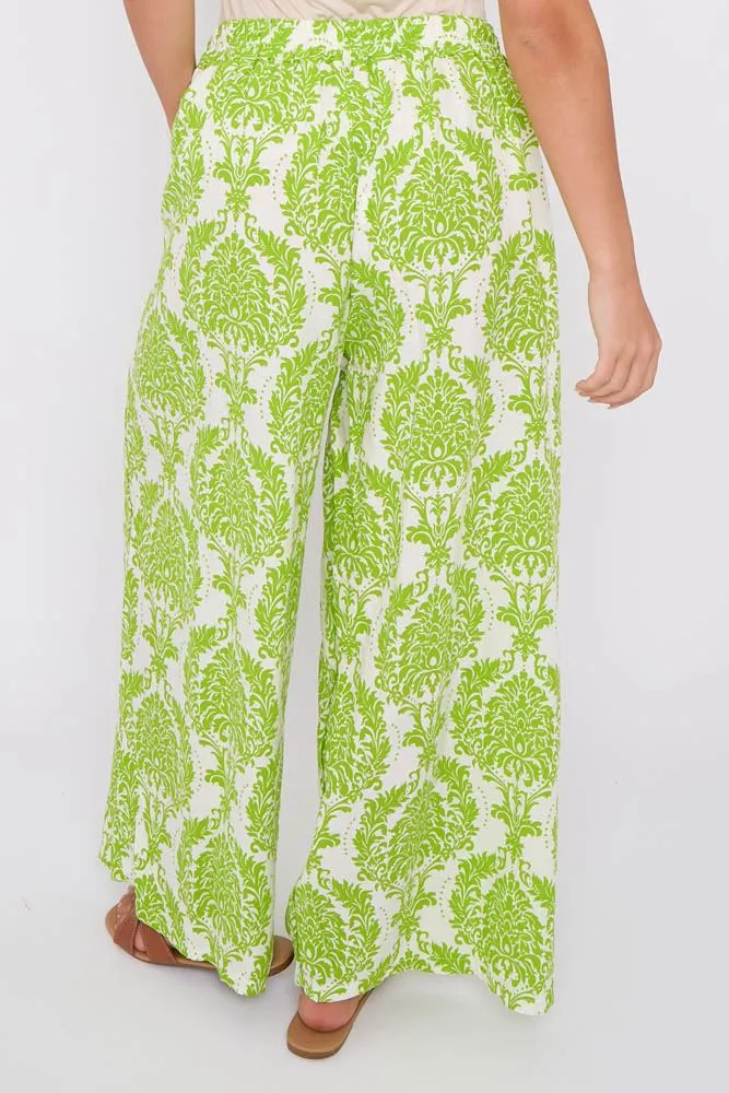 Damask Print Drawstring Waistband Wide Leg Palazzo