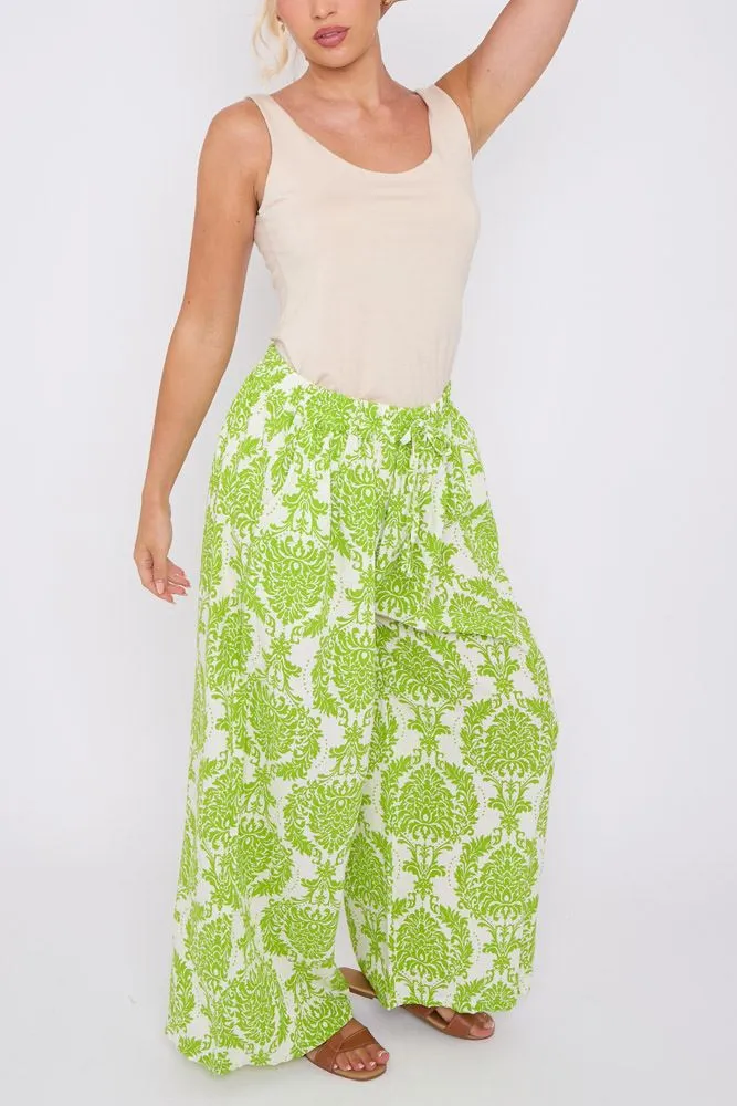 Damask Print Drawstring Waistband Wide Leg Palazzo