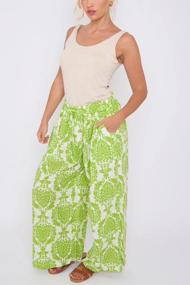 Damask Print Drawstring Waistband Wide Leg Palazzo