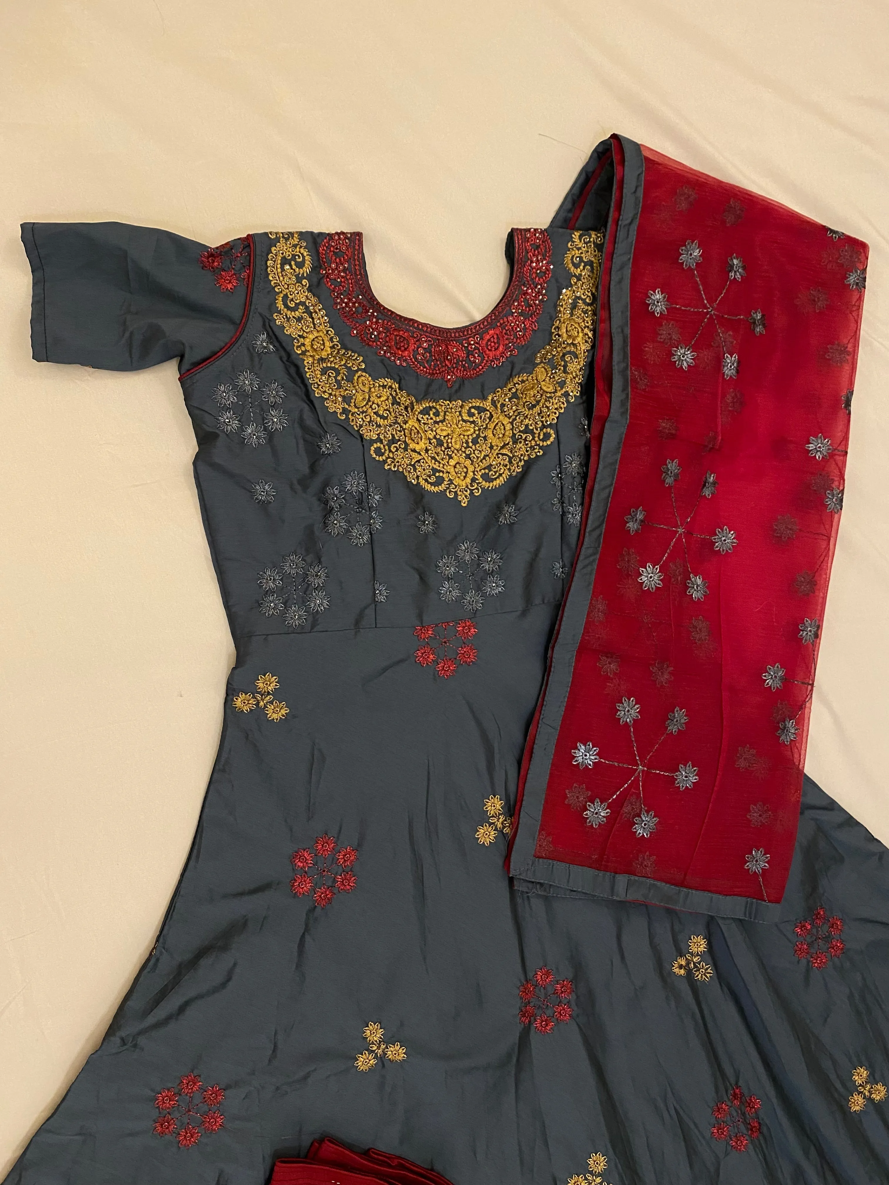 Dark Grey Long Gown With Red And Golden Embroidery Work With Pants And Dupatta