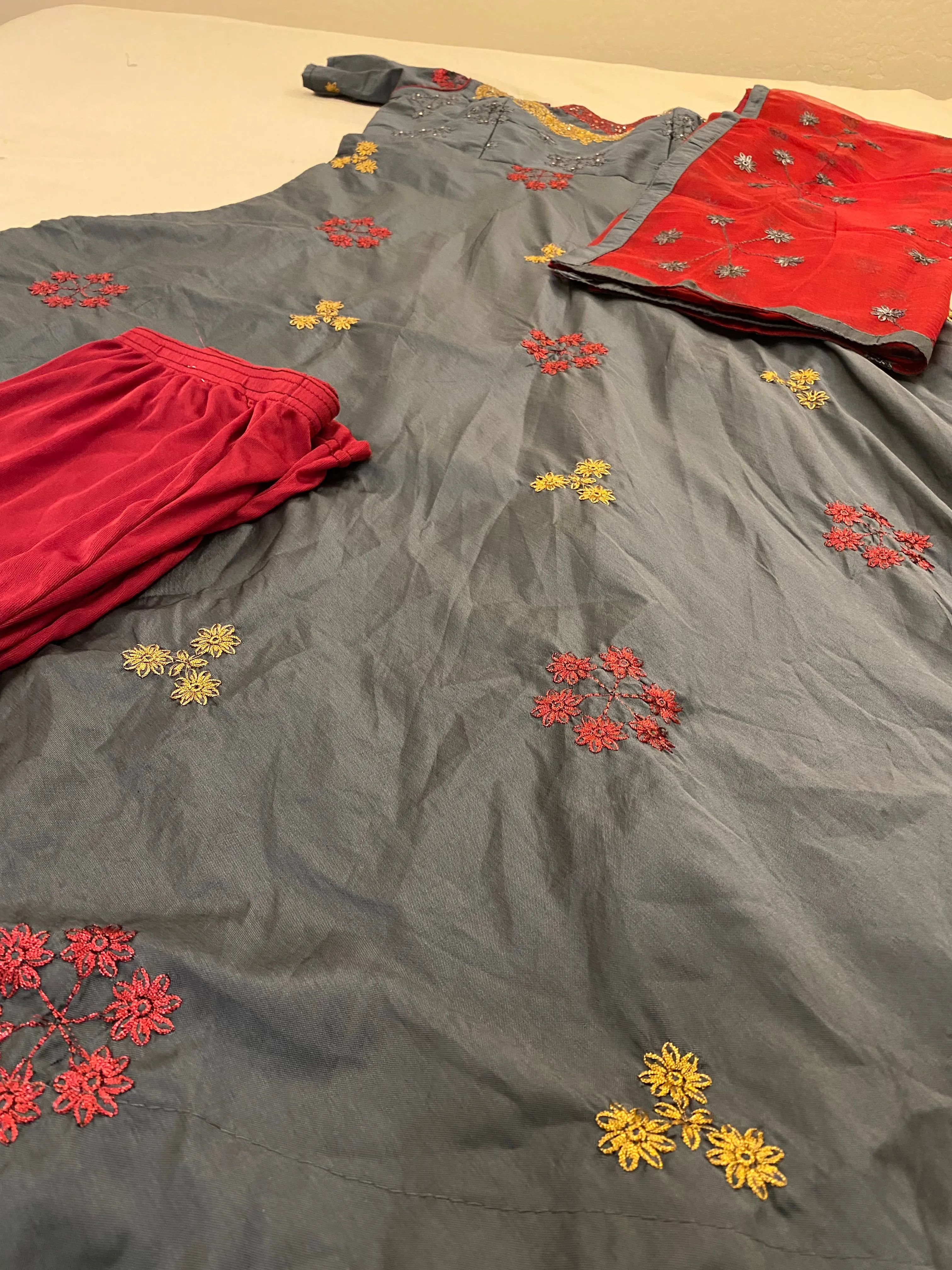 Dark Grey Long Gown With Red And Golden Embroidery Work With Pants And Dupatta