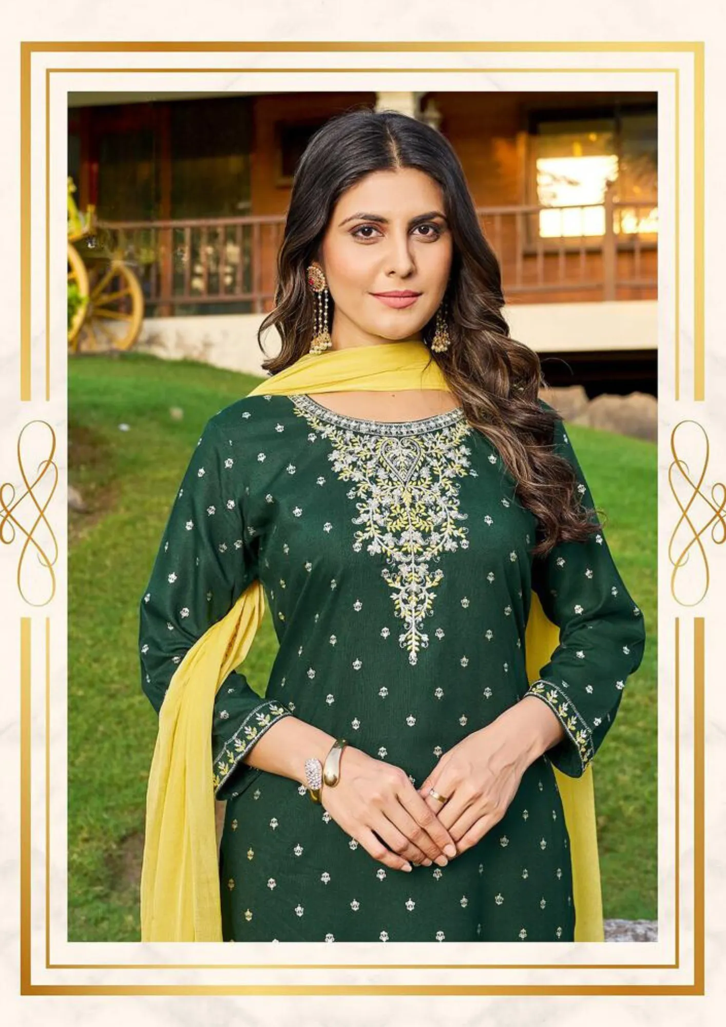 Dazzling Green Colored Embroidery Work Classy Foil Print Kurti With Dupatta Set