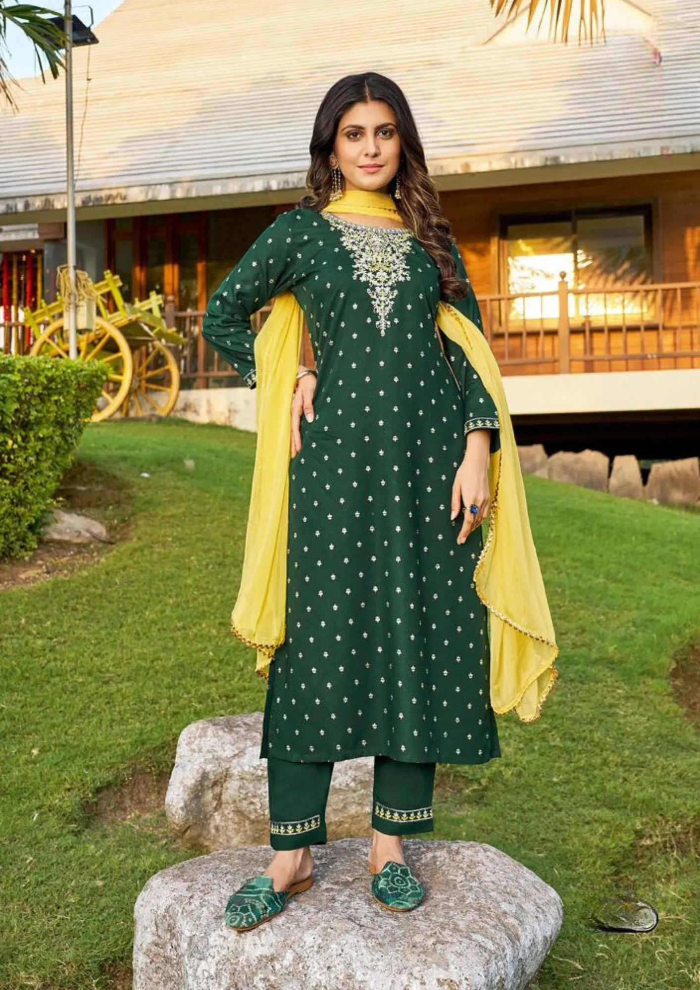 Dazzling Green Colored Embroidery Work Classy Foil Print Kurti With Dupatta Set