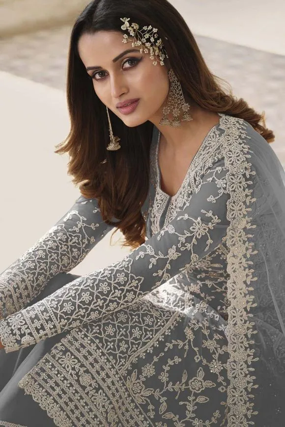 Dazzling Grey Color Designer Embroidered Net Beautiful Palazzo Suit