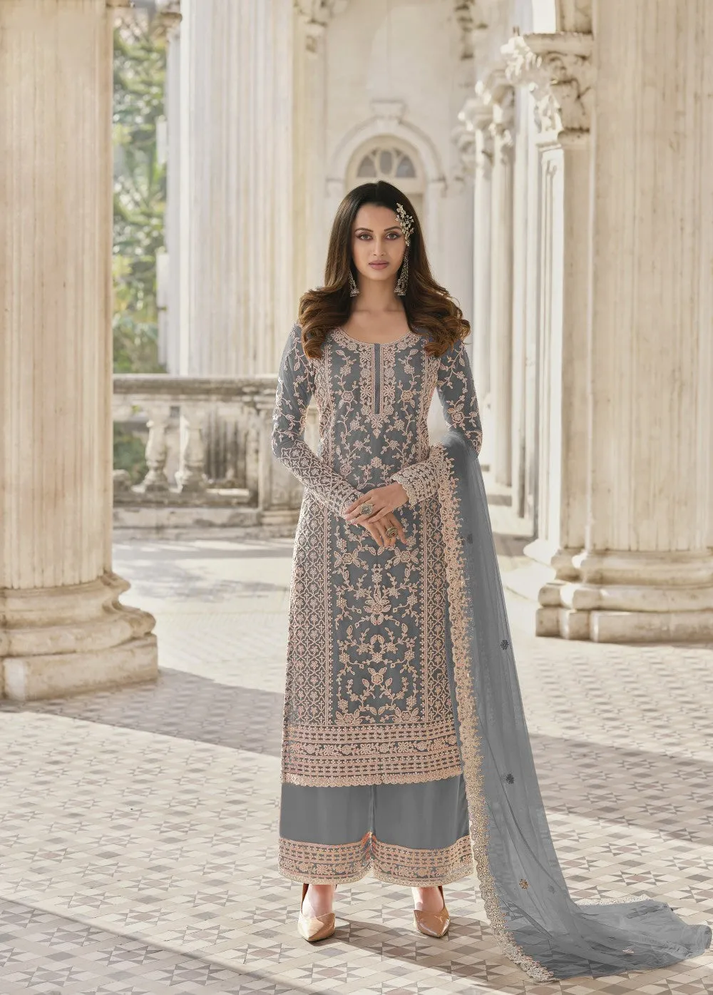 Dazzling Grey Color Designer Embroidered Net Beautiful Palazzo Suit