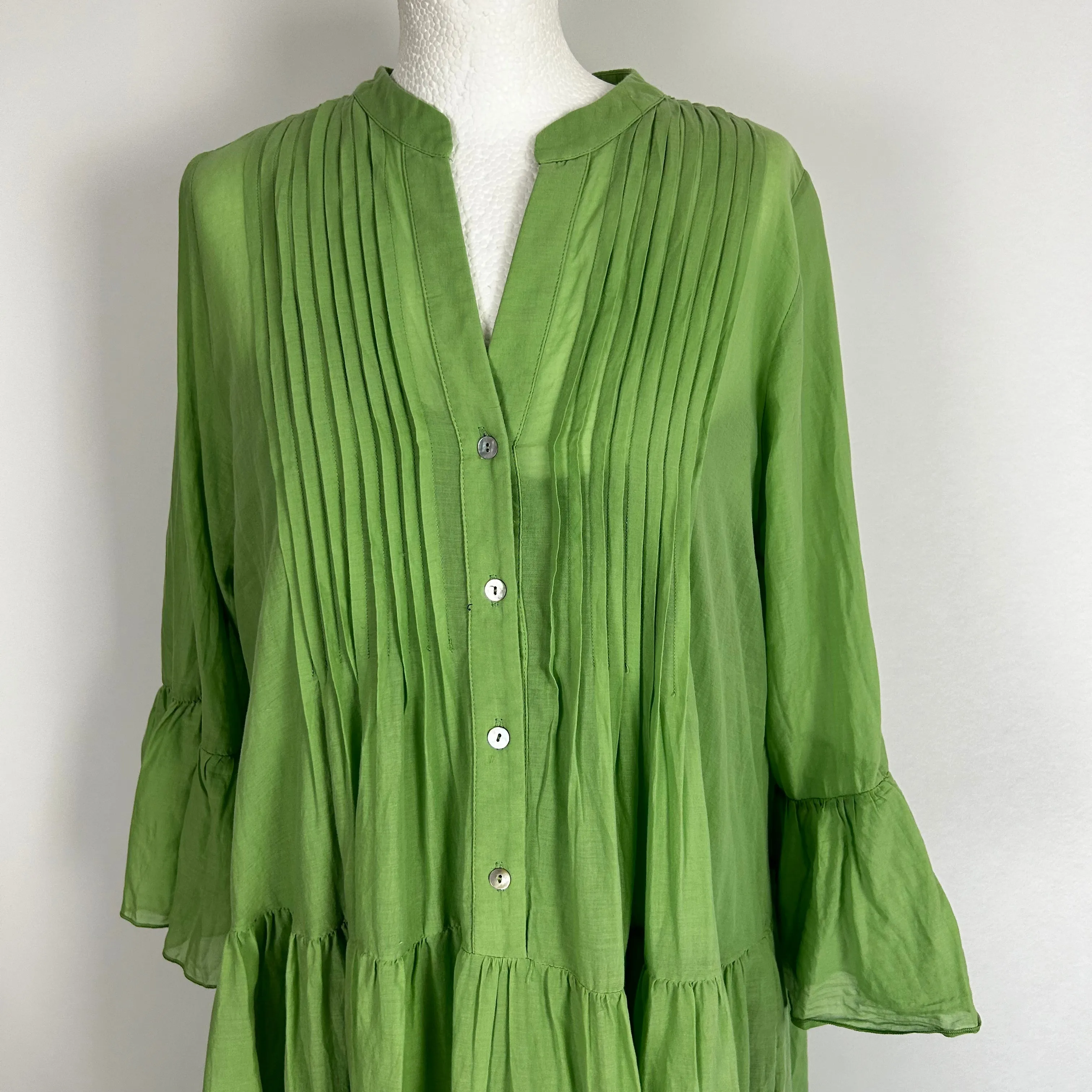 Devotion Twins Apple Green Cotton Pintuck Maxi Dress S