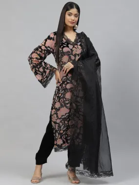 Divena Black Burn out Velvet Kurta Haram Pant with Organza Dupatta