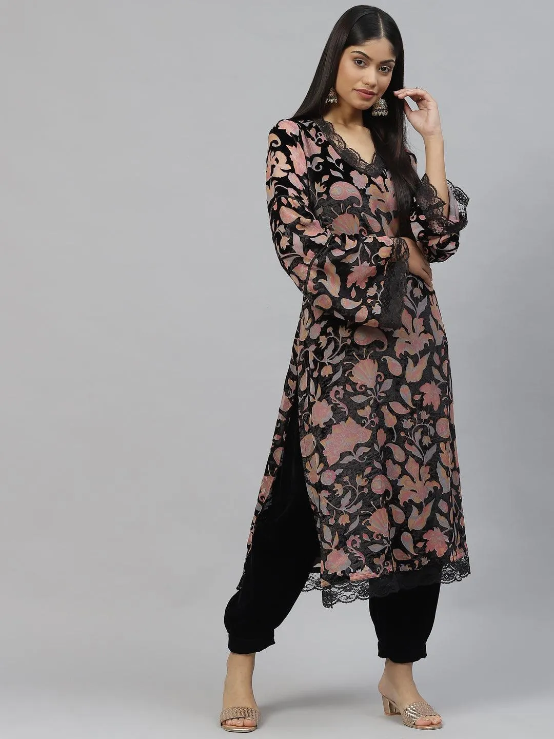 Divena Black Burn out Velvet Kurta Haram Pant with Organza Dupatta