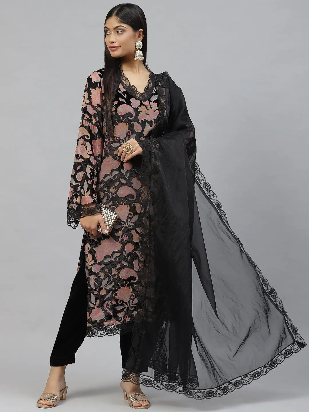 Divena Black Burn out Velvet Kurta Haram Pant with Organza Dupatta