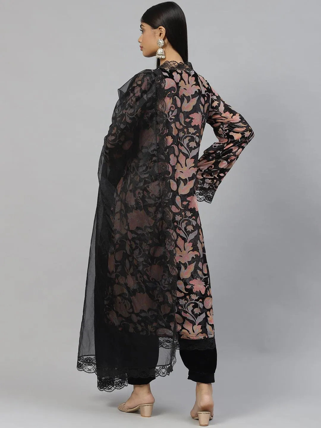 Divena Black Burn out Velvet Kurta Harem Pant with Organza Dupatta