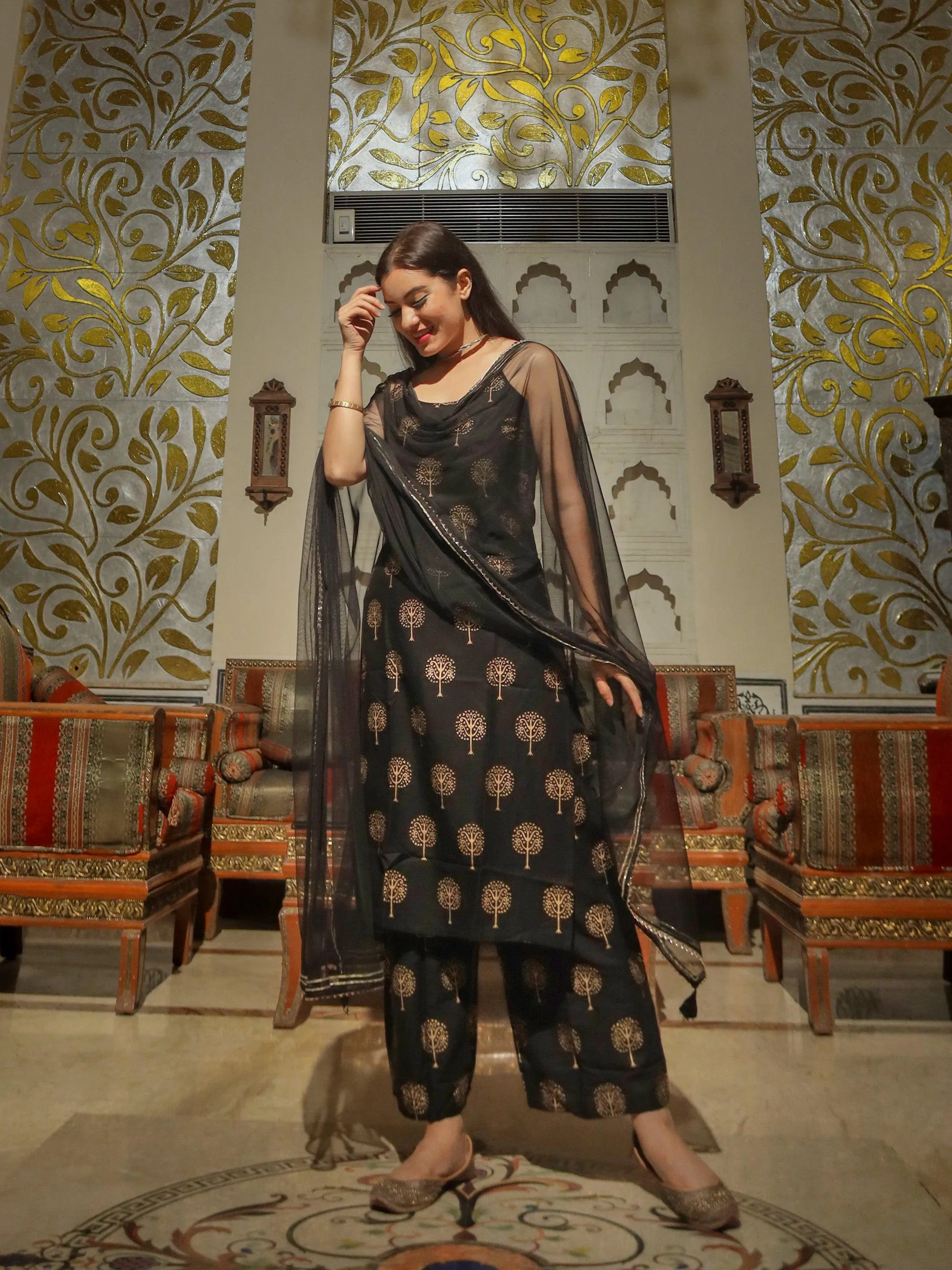 Divena Black shoulder strip Kurta Palazoo set with net Dupatta