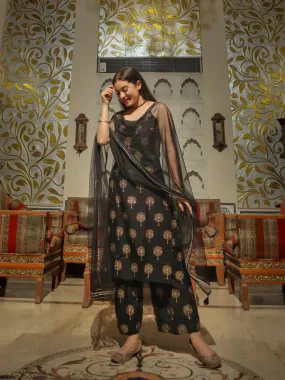 Divena Black shoulder strip Kurta Palazoo set with net Dupatta