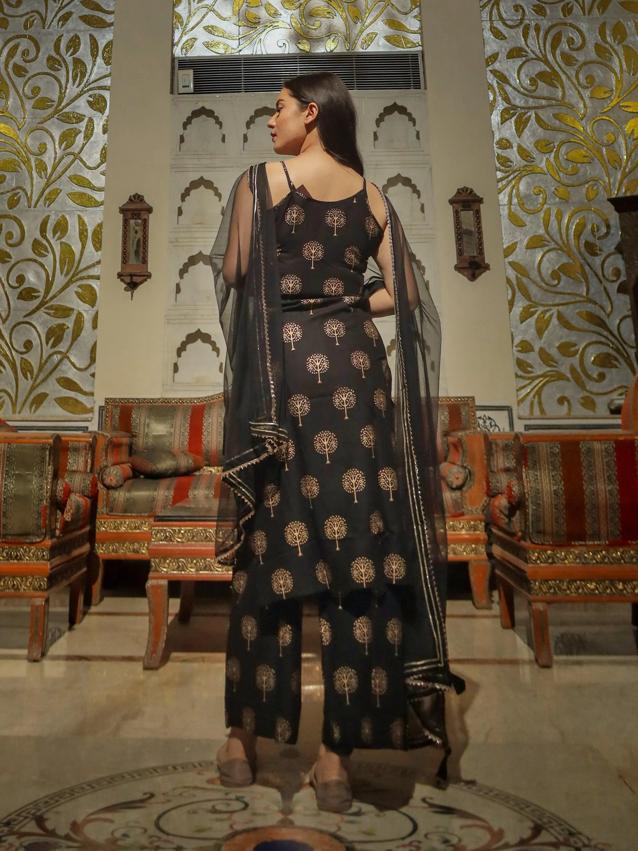 Divena Black shoulder strip Kurta Palazoo set with net Dupatta