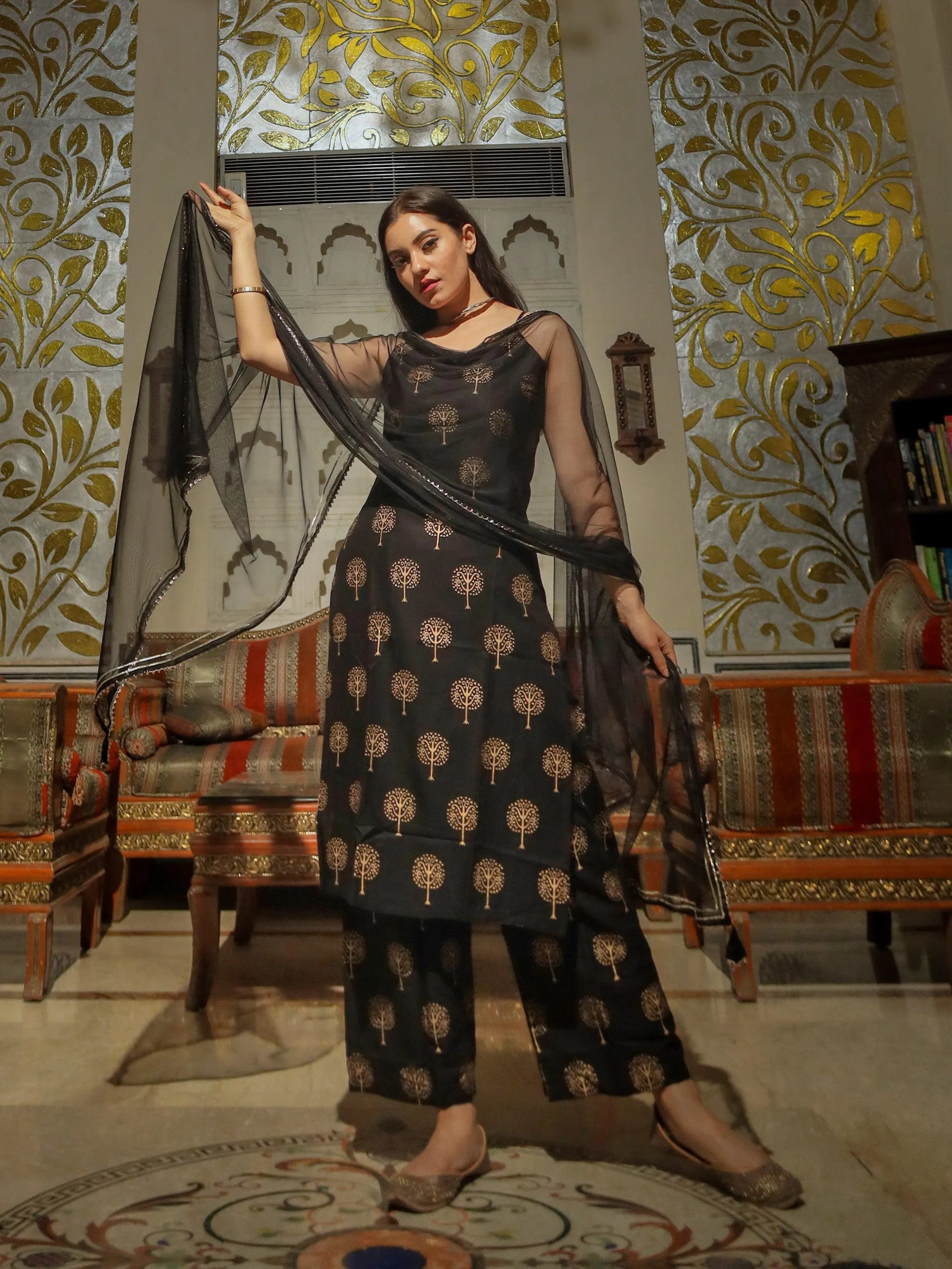 Divena Black shoulder strip Kurta Palazoo set with net Dupatta