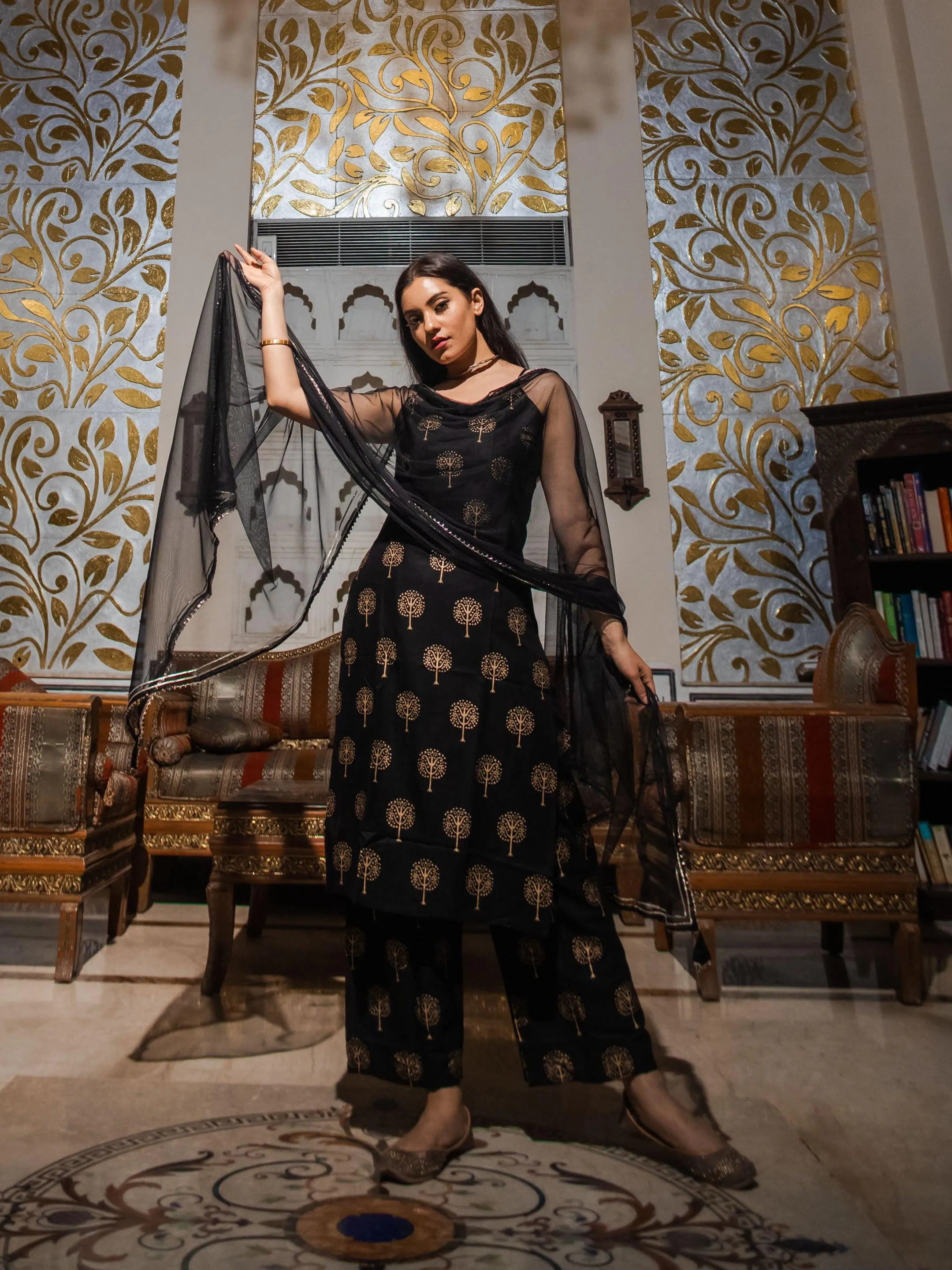 Divena Black shoulder strip Kurta Palazoo set with net Dupatta