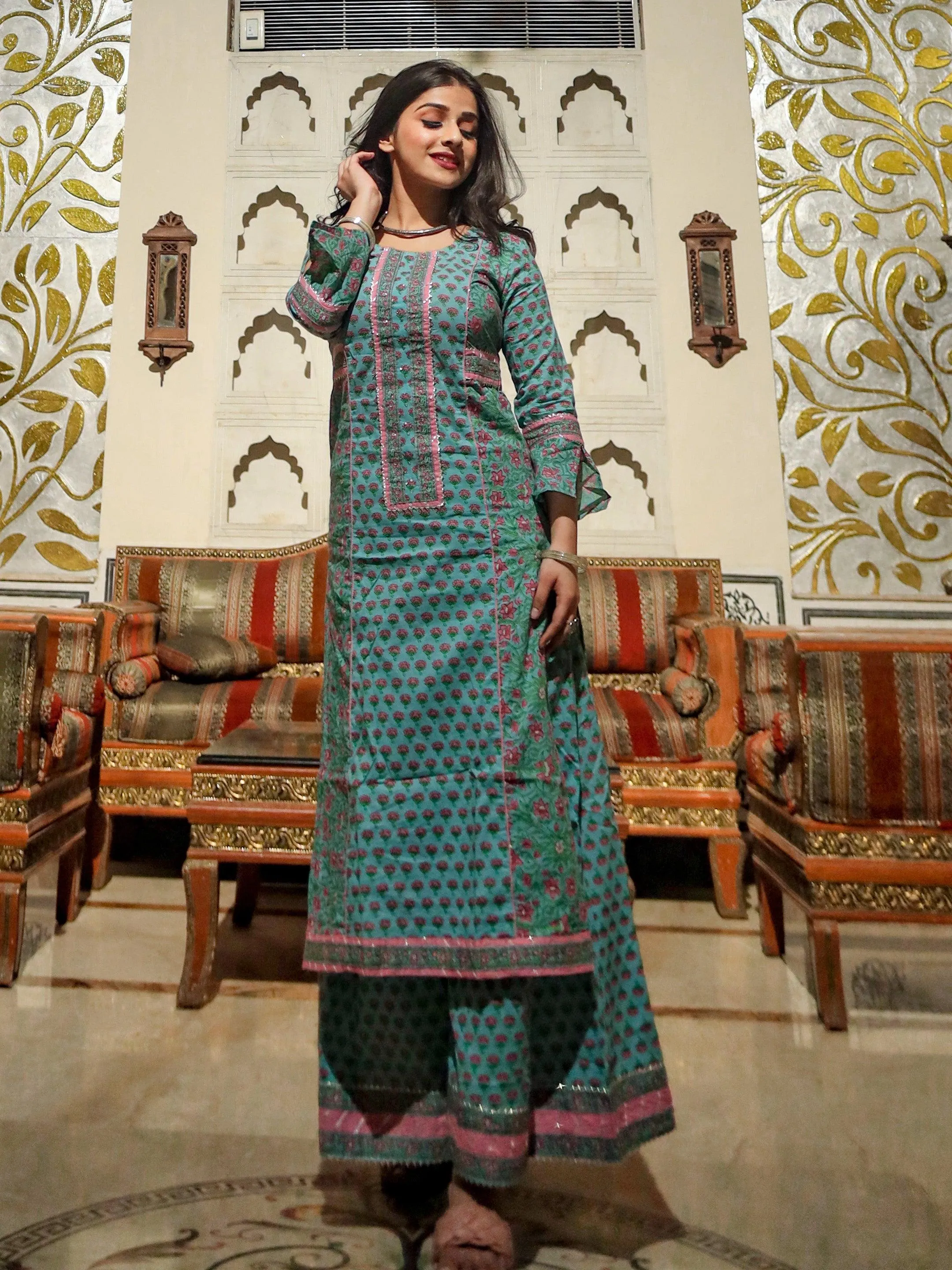 Divena Blue Printed Straight Kurti With Palazzo