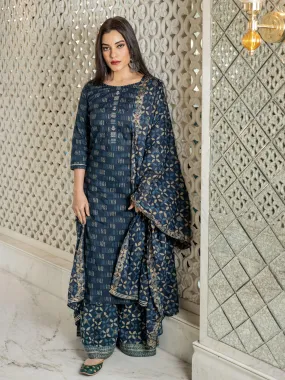 Divena Indigo Kurta Set With Palazzo and Dupatta