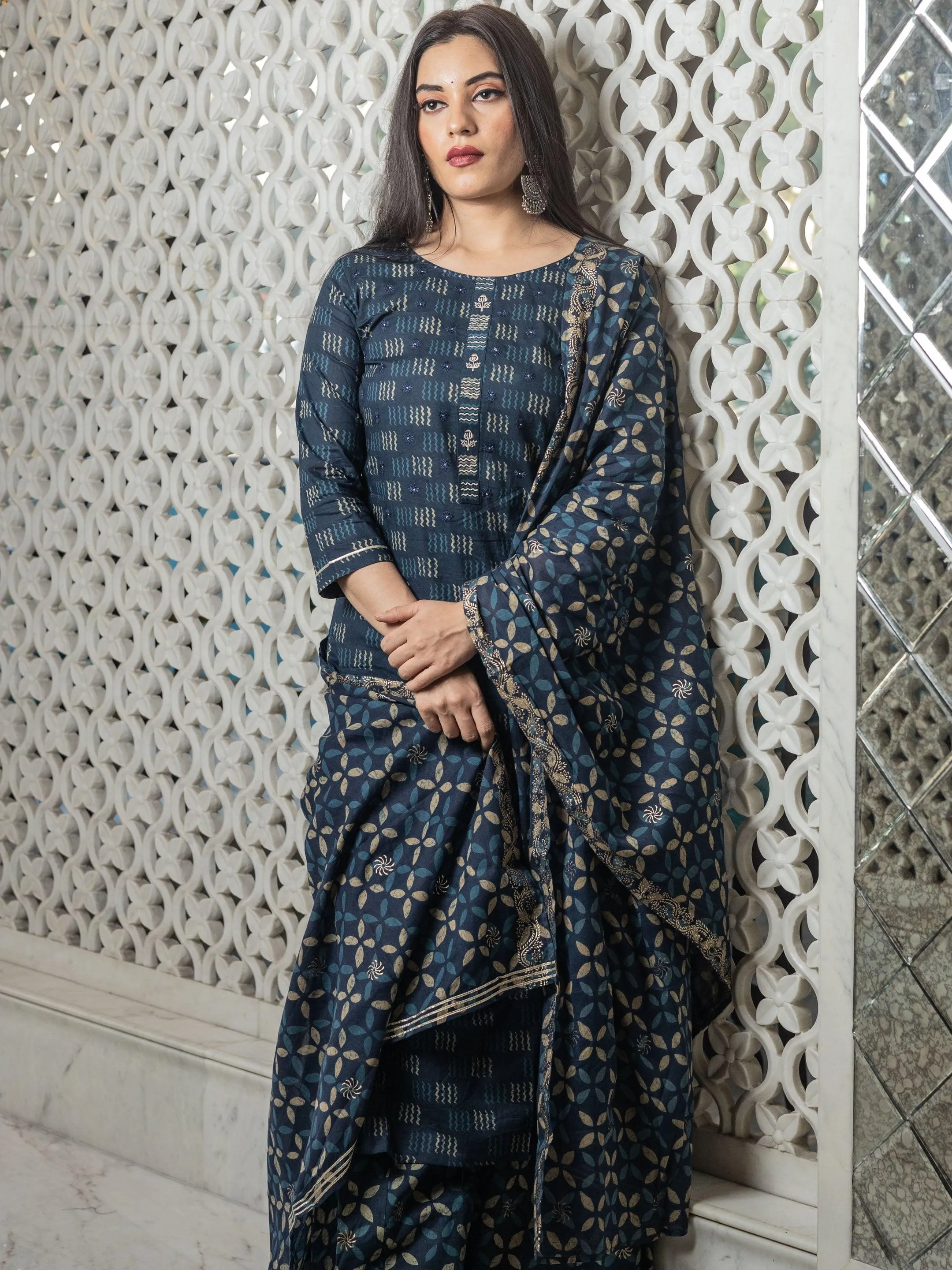 Divena Indigo Kurta Set With Palazzo and Dupatta