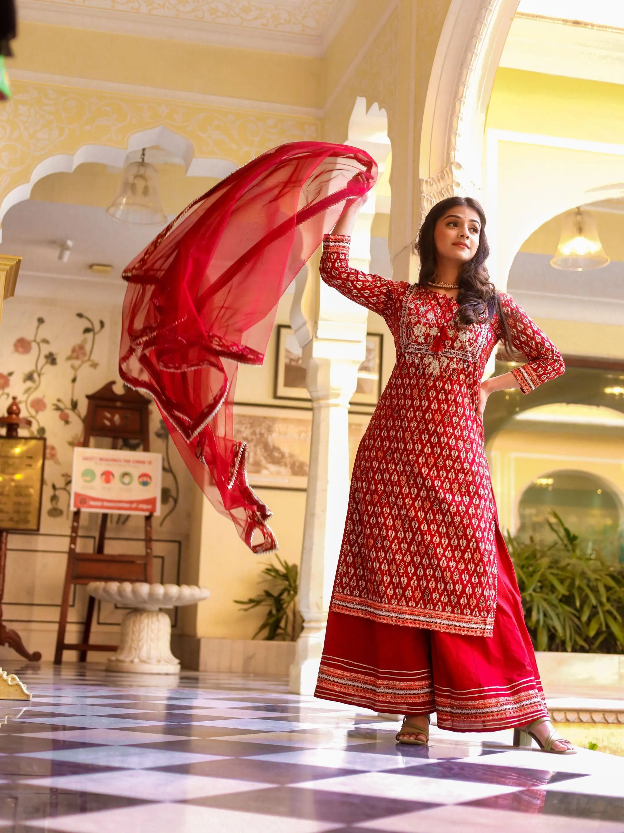 Divena maroon Cotton Kurta palazzo set with net dupatta