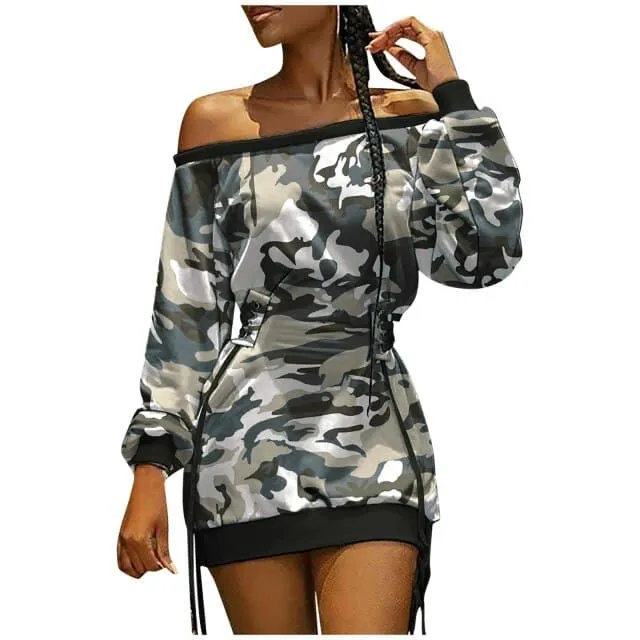 DressBetty - Women Fashion Camouflage Print Dress Abstract Print Off Shoulder Lace-up Eyelet Casual Dress Spring And Autumn Wear Dresses