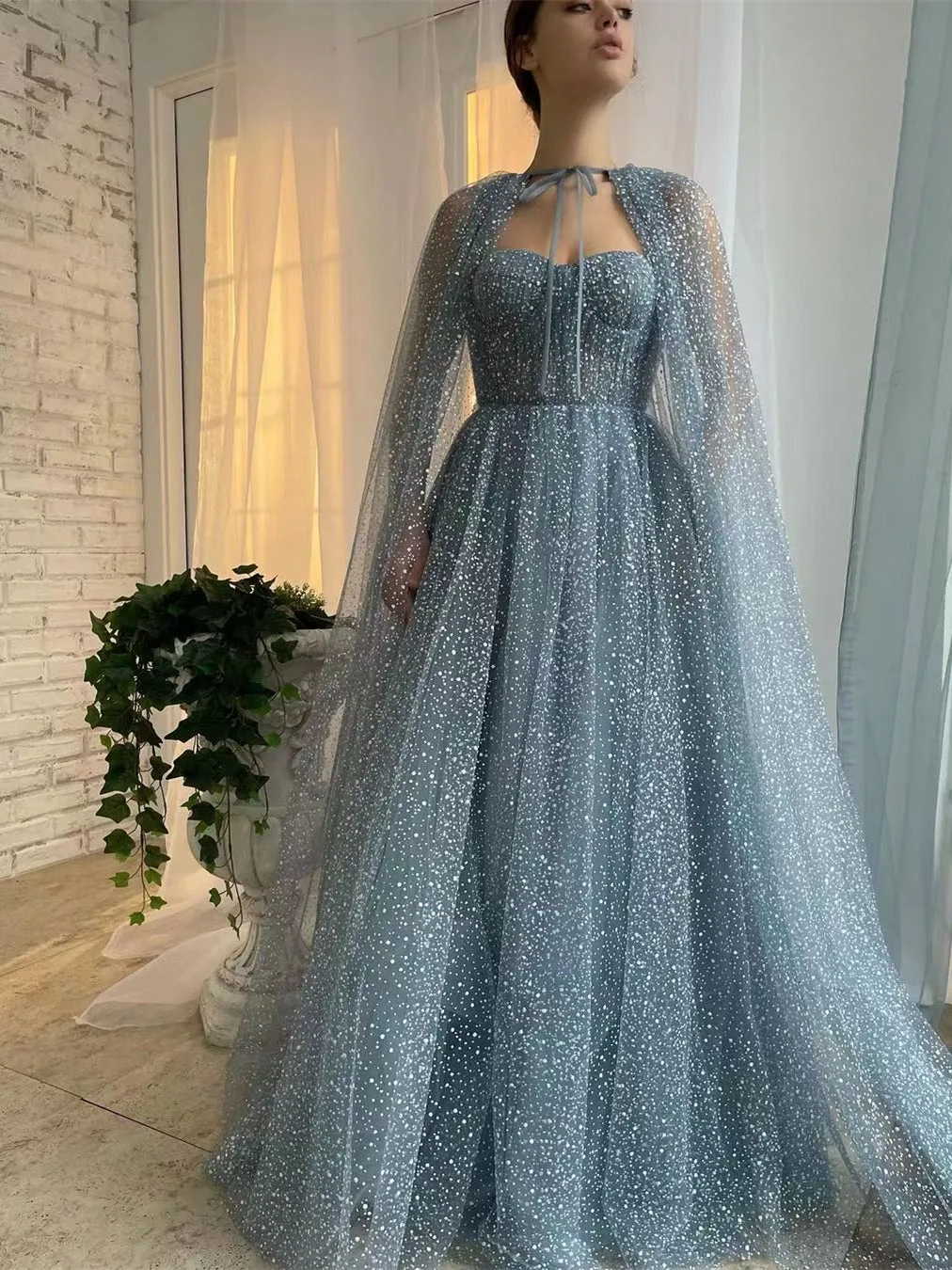 Dusty Blue A-line Prom Dresses, Princess Dresses, Unique Prom Dresses With Cape, Newest Prom Dresses