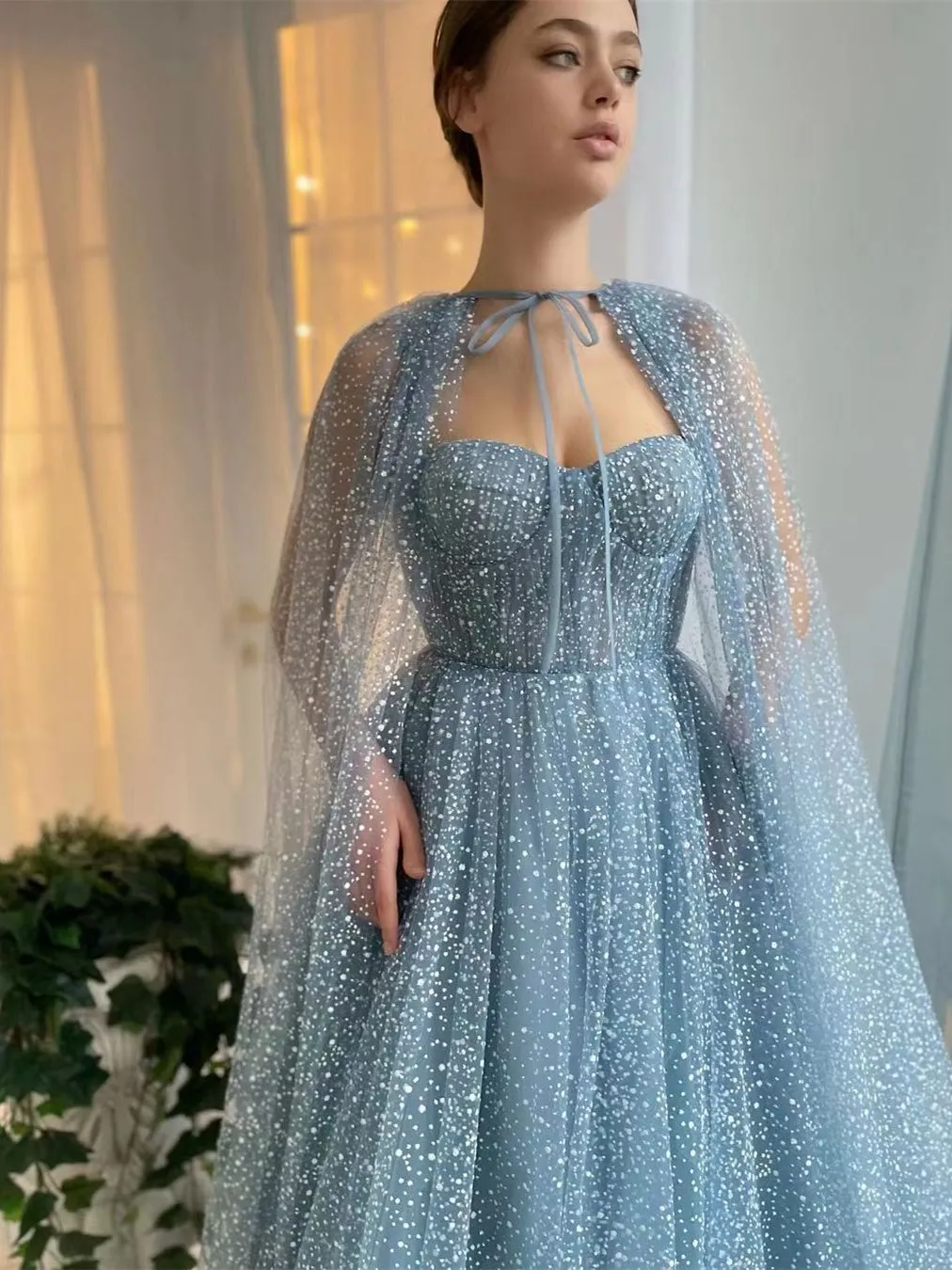 Dusty Blue A-line Prom Dresses, Princess Dresses, Unique Prom Dresses With Cape, Newest Prom Dresses