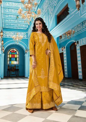 Elegant Mustard Yellow Colored Heavy Cotton Kurti And Suits With Mul Cotton Dupatta