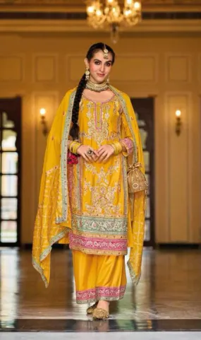 Elegant Mustard Yellow Embroidery Work Chinon Kurti Palazzo Suit With Dupatta