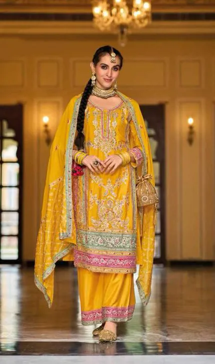 Elegant Mustard Yellow Embroidery Work Chinon Kurti Palazzo Suit With Dupatta