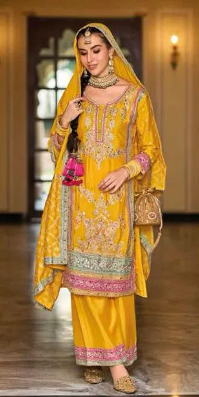 Elegant Mustard Yellow Embroidery Work Chinon Kurti Palazzo Suit With Dupatta