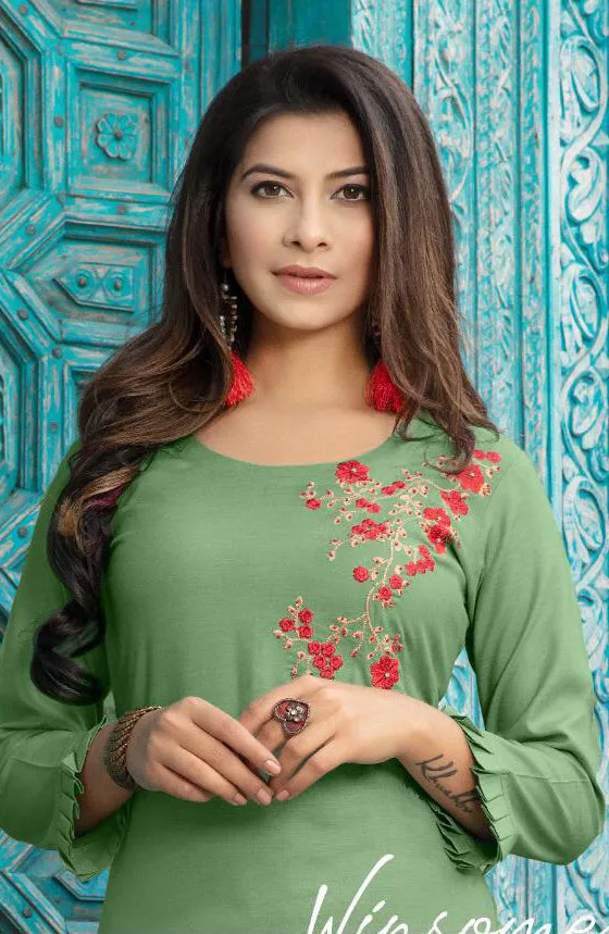 Emerald Green Slub Rayon Kurti With Matching Red Palazzo Pants