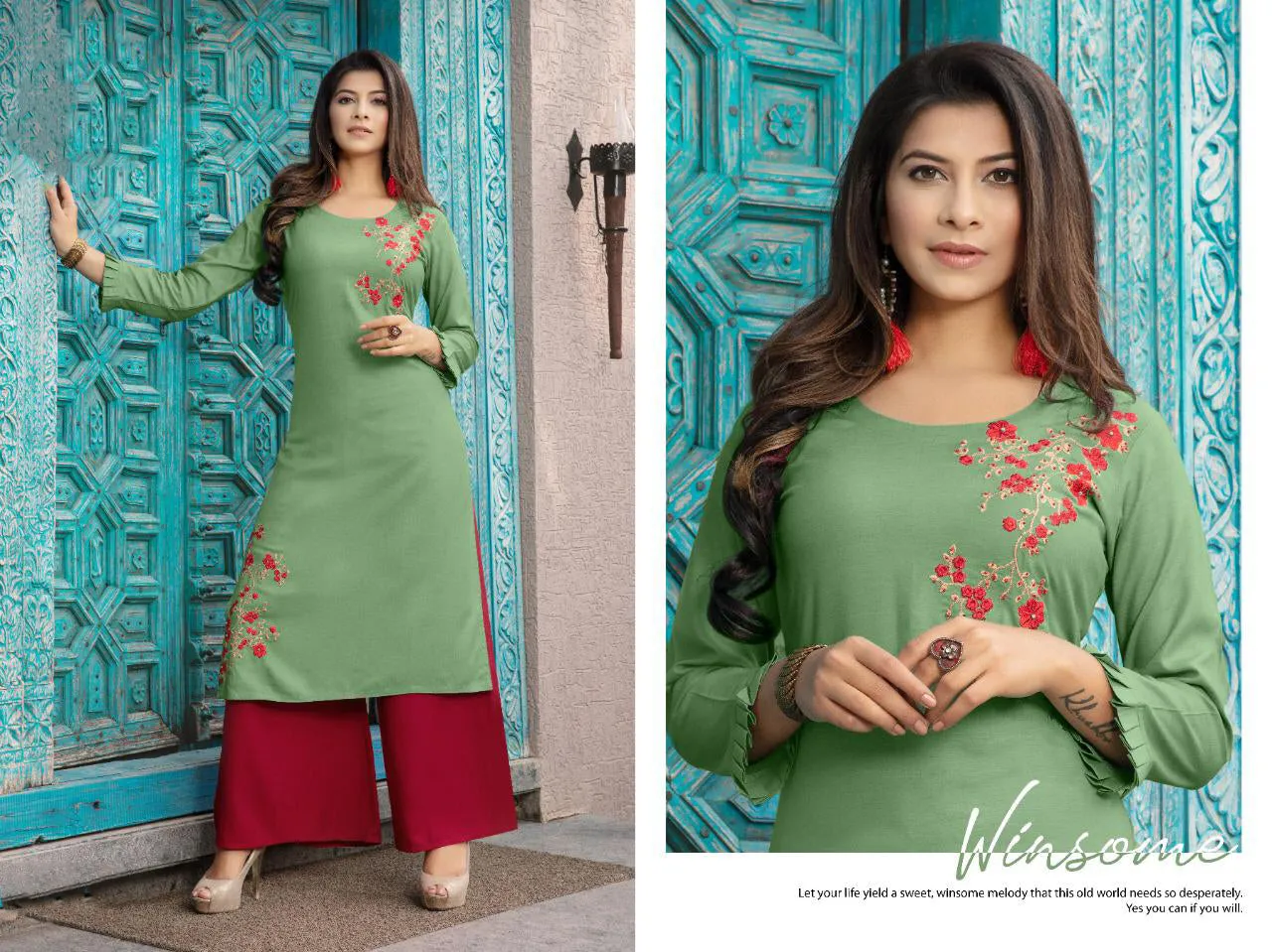 Emerald Green Slub Rayon Kurti With Matching Red Palazzo Pants