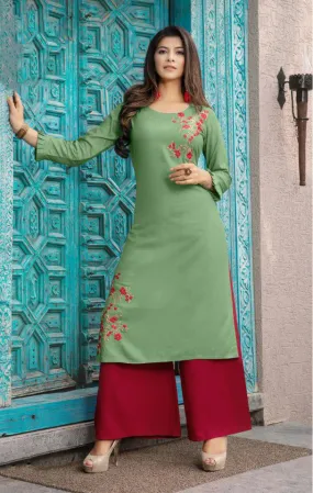 Emerald Green Slub Rayon Kurti With Matching Red Palazzo Pants