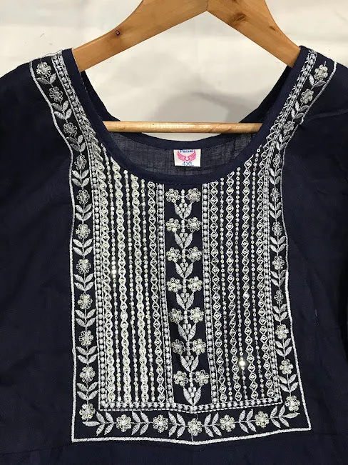 Fabulous Dark Blue Color Kurti With Embroidery Work For Women