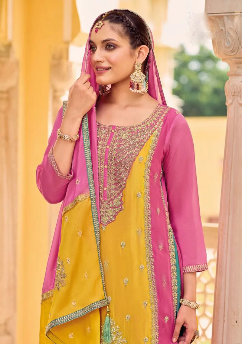 Fascinating Yellow And Pink Color Heavy Chinon Embroidered Work Salwar Suits With Fancy Dupatta