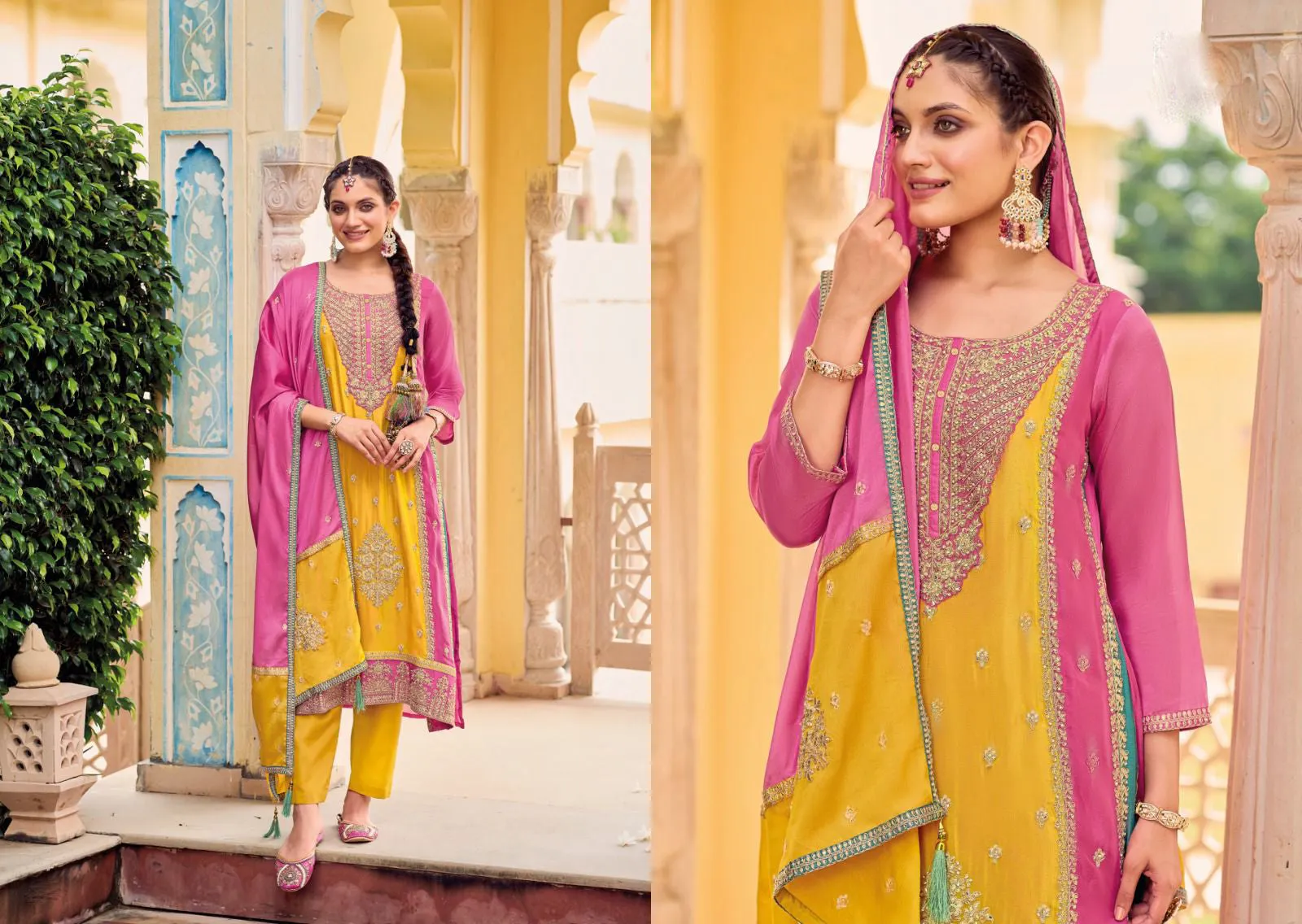 Fascinating Yellow And Pink Color Heavy Chinon Embroidered Work Salwar Suits With Fancy Dupatta