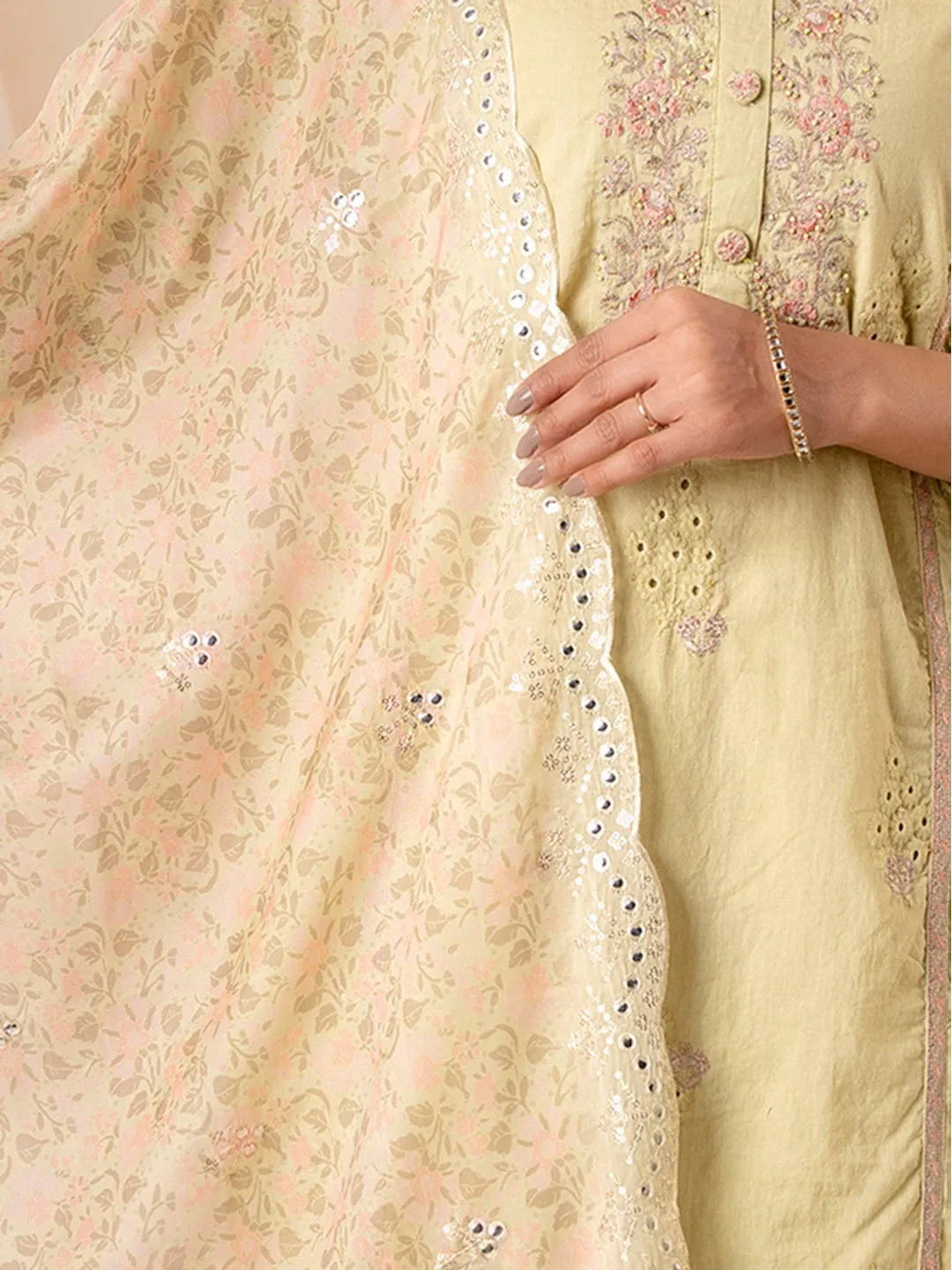 Floral Embroidered Thread Work Pure Cotton Kurta With Palazzos & Dupatta