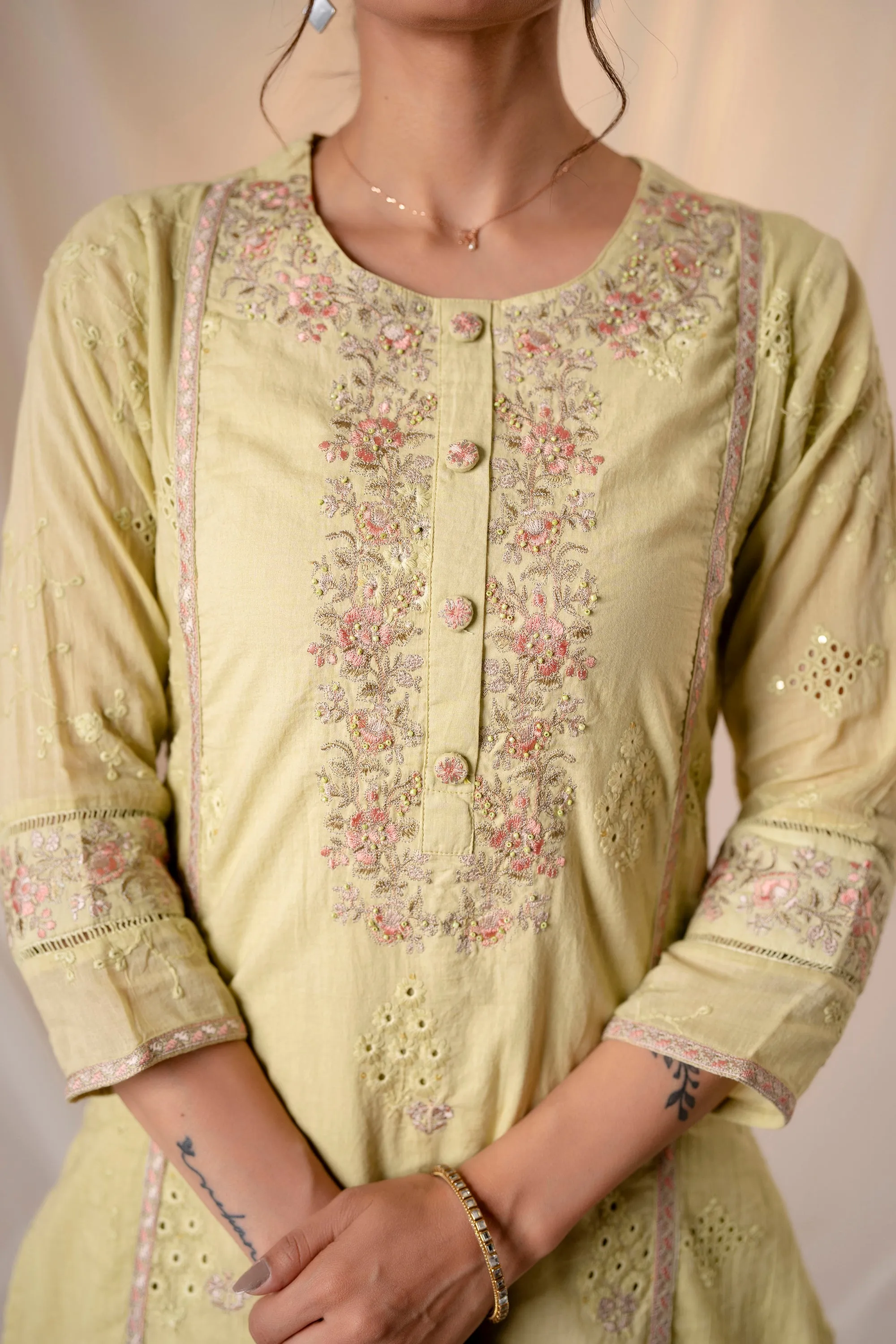 Floral Embroidered Thread Work Pure Cotton Kurta With Palazzos & Dupatta