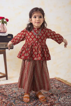 Girls Indie Print Cotton Co-ord Top Pant Set -Brown